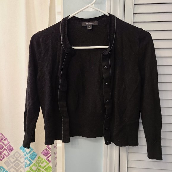 Ann Taylor Wool & Leather Black Cropped Cardigan - Picture 1 of 3